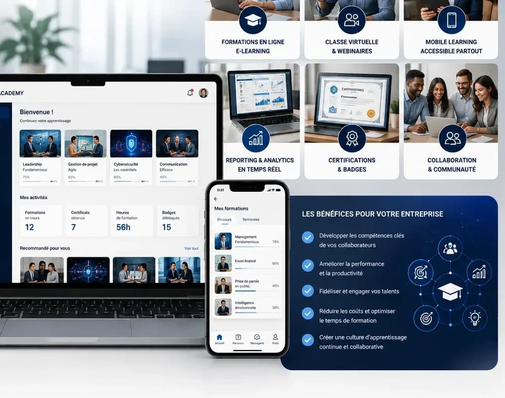 L'interface d'une académie d'entreprise sur ordinateur et mobile, entourée des modalités proposées : e-learning, classe virtuelle, certifications et communauté.
