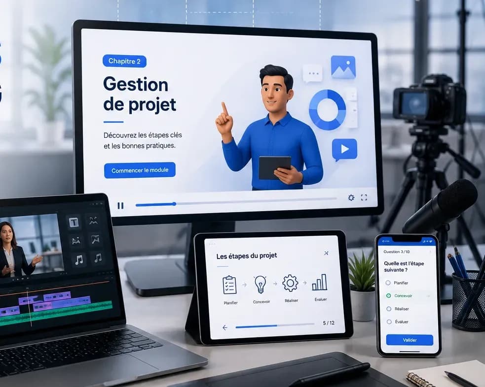 Un module e-learning « Gestion de projet » affiché sur grand écran, entouré du montage vidéo sur ordinateur portable, d'un exercice sur tablette et d'un quiz sur mobile.