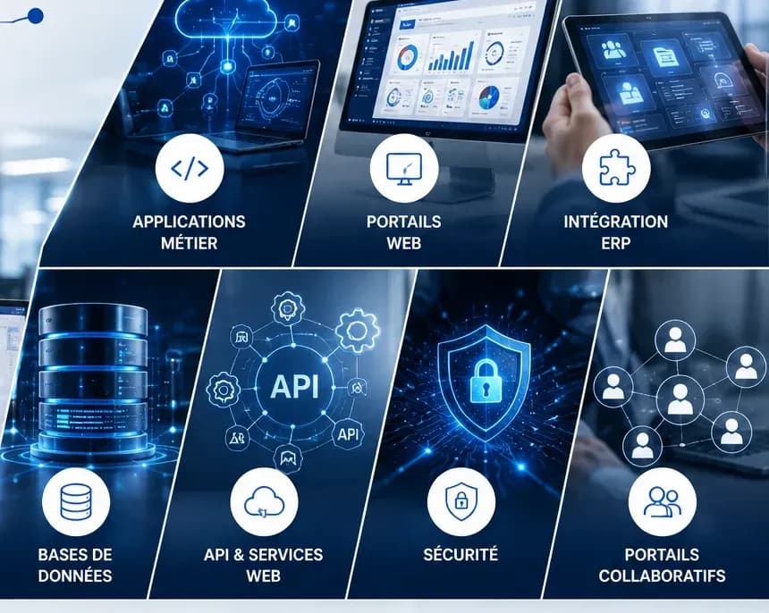 Les domaines couverts par l'ingénierie informatique : applications métier, portails web, intégration ERP, bases de données, API, sécurité et portails collaboratifs.