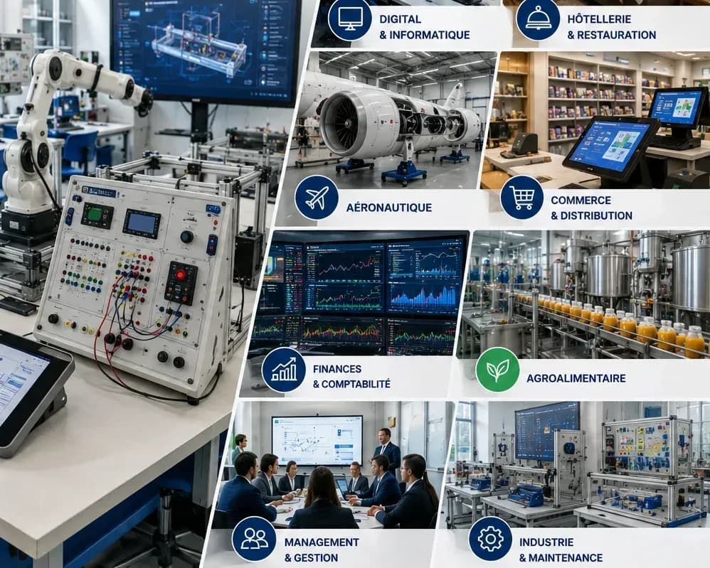 Un banc de travaux pratiques instrumenté, entouré des secteurs équipés : digital, hôtellerie, aéronautique, commerce, finance, agroalimentaire, management et industrie.