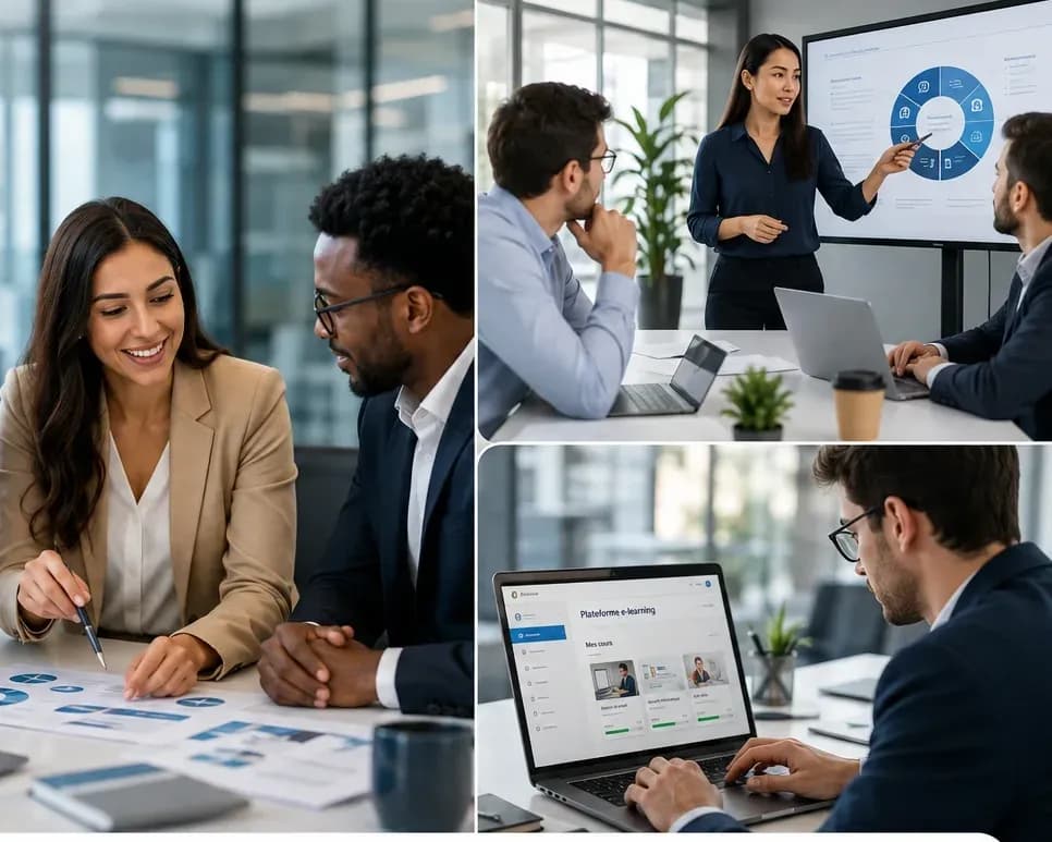 Une équipe analyse des indicateurs de compétences autour d'une table de travail, pendant qu'une formatrice présente un référentiel devant un écran.