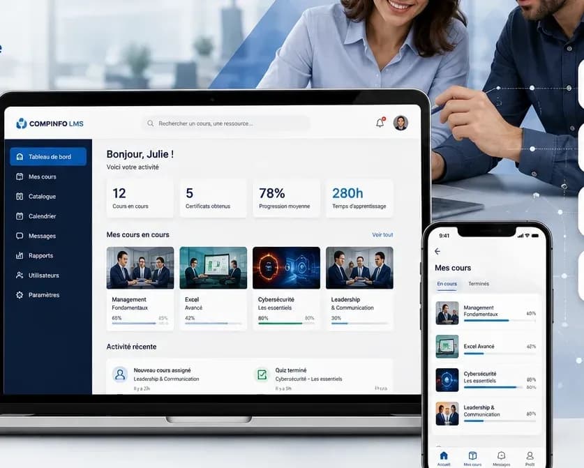 Le tableau de bord d'une plateforme LMS sur ordinateur portable et sa déclinaison mobile, affichant les cours suivis et la progression d'un apprenant.